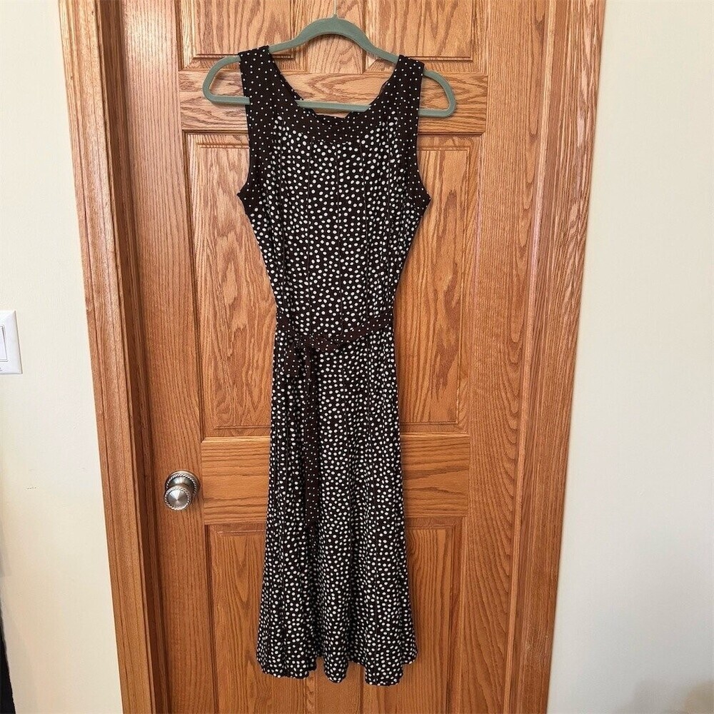 Perceptions New York Dress Womens 12 Brown White Polka Dot Midi Sleeveless